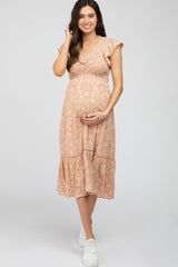 Peach Floral Smocked Ruffle Maternity Midi Dress