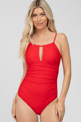 Red Back Tie Cutout One Piece Ruched Swimsuit