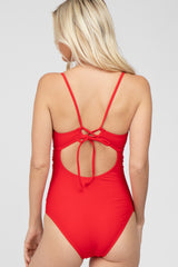 Red Back Tie Cutout One Piece Ruched Swimsuit