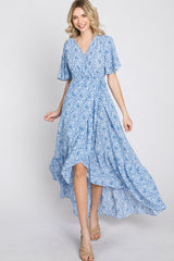Light Blue Floral Wrap Midi Dress