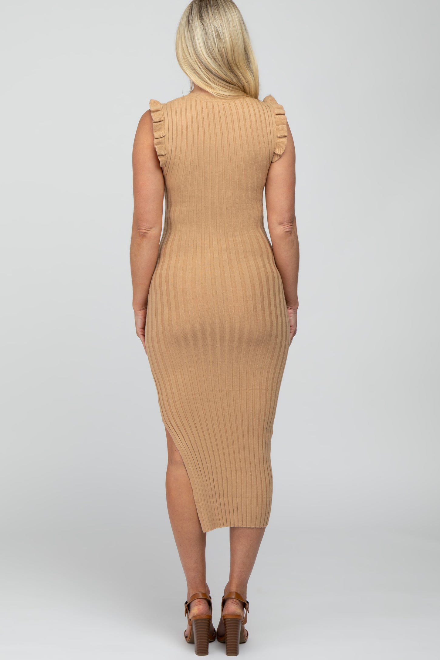 Camel Ribbed Flutter Accent Maternity Midi Dress