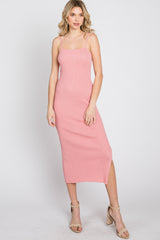 Pink Ribbed Square Neck Side Slit Midi Dress