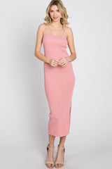 Pink Ribbed Square Neck Side Slit Midi Dress