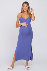 Violet Ribbed Side Slit Maternity Maxi Dress