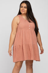 Mauve Sleeveless Tiered Button Front Plus Maternity Dress