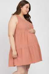 Mauve Sleeveless Tiered Button Front Plus Maternity Dress