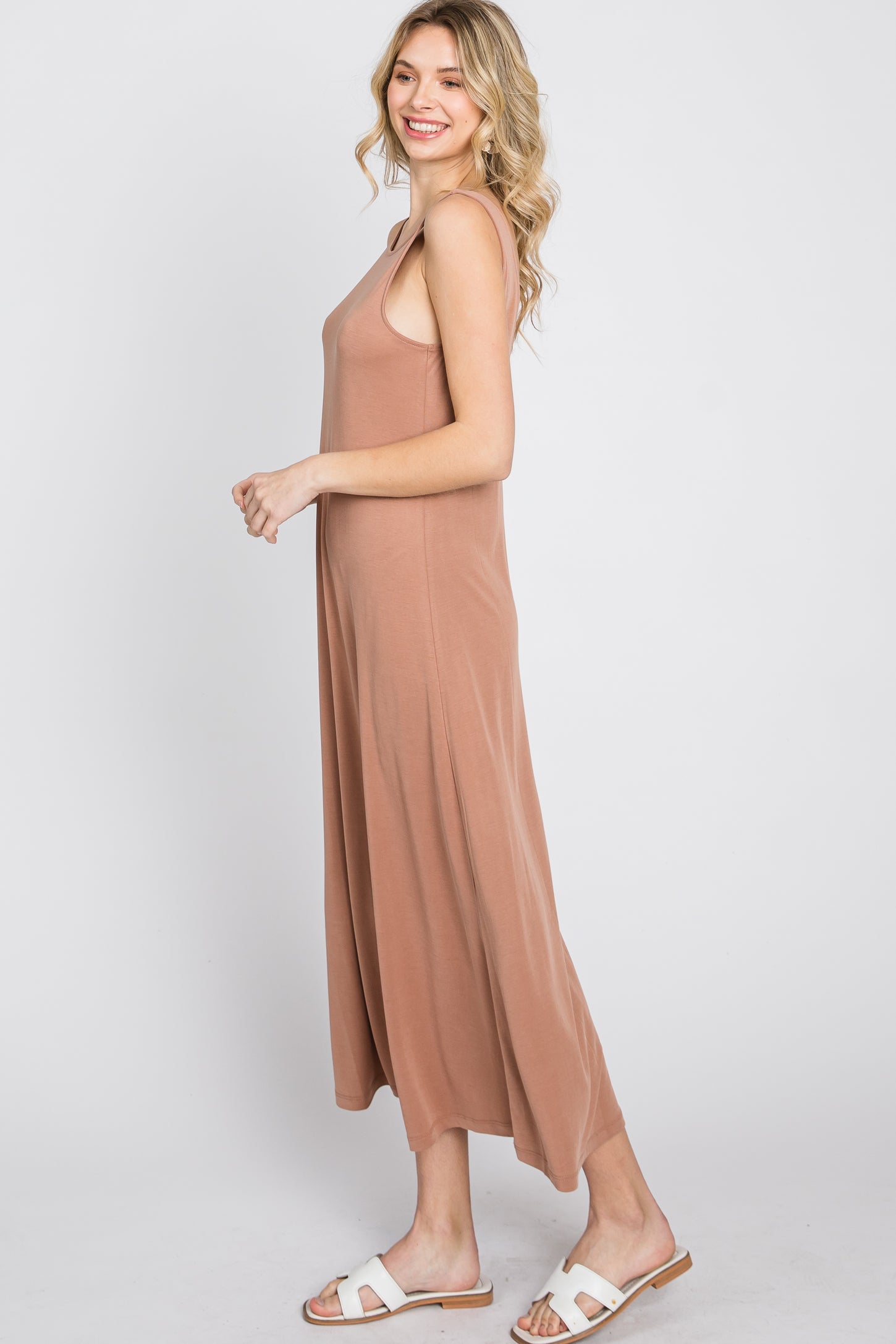 Mocha Low V-Back Sleeveless Midi Dress
