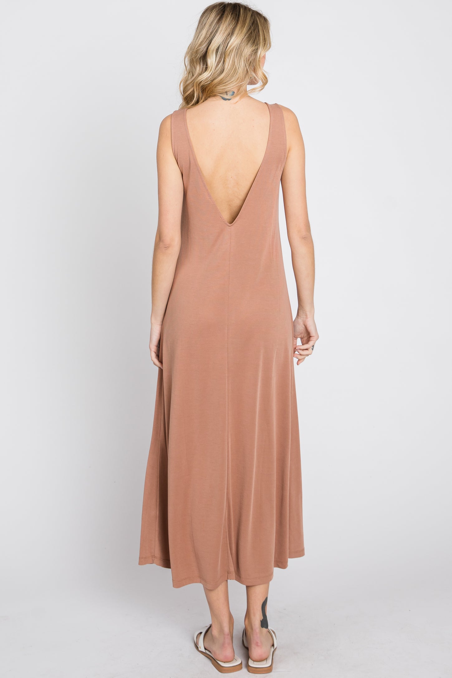 Mocha Low V-Back Sleeveless Midi Dress