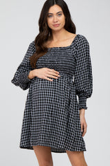 Black Plaid Smocked Maternity Dress