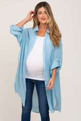 Light Blue Button Front Side Slit Oversized Maternity Blouse