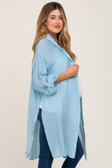 Light Blue Button Front Side Slit Oversized Maternity Blouse