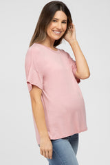 Pink Pocket Front Short Sleeve Maternity Top