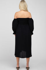 Black Square Neck Puff Ruffle Sleeve Maternity Midi Dress
