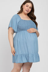 Blue Smocked Square Neck Chambray Maternity Plus Dress