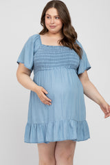 Blue Smocked Square Neck Chambray Maternity Plus Dress