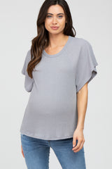 Grey Ribbed Flounce Short Sleeve Maternity Top
