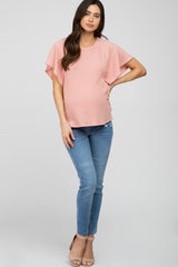Pink Ribbed Flounce Short Sleeve Maternity Top