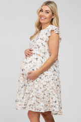 Ivory Floral Embroidered Tiered Maternity Dress