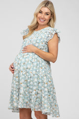 Mint Green Floral Embroidered Tiered Maternity Dress
