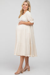 Cream Tiered Ruffle Hem Maternity Midi Dress