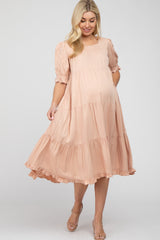 Pink Tiered Ruffle Hem Maternity Midi Dress