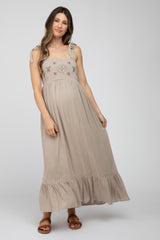 Beige Floral Embroidered Sleeveless Maternity Maxi Dress