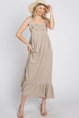 Beige Floral Embroidered Sleeveless Maternity Maxi Dress