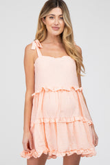 Peach Gingham Shoulder Tie Tiered Maternity Dress