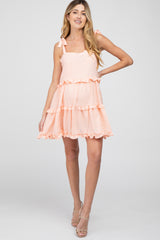 Peach Gingham Shoulder Tie Tiered Maternity Dress