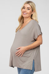 Taupe V-Neck Oversized Maternity Short Sleeve Top