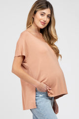 Peach V-Neck Oversized Maternity Short Sleeve Top
