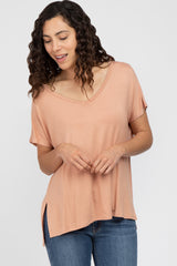 Peach V-Neck Oversized Maternity Short Sleeve Top