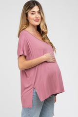 Mauve V-Neck Oversized Maternity Short Sleeve Top
