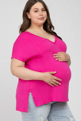 Fuchsia V-Neck Oversized Maternity Plus Short Sleeve Top
