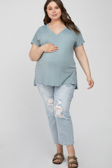 Blue V-Neck Oversized Maternity Plus Short Sleeve Top