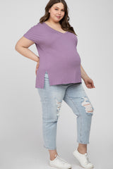Lavender V-Neck Oversized Maternity Plus Short Sleeve Top
