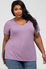 Lavender V-Neck Oversized Plus Short Sleeve Top
