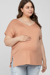 Peach V-Neck Oversized Maternity Plus Short Sleeve Top
