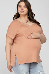 Peach V-Neck Oversized Maternity Plus Short Sleeve Top