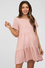Pink Ribbed Maternity Tiered Dress