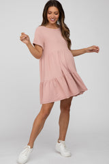 Pink Ribbed Maternity Tiered Dress