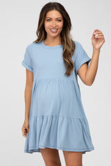 Light Blue Ribbed Maternity Tiered Dress