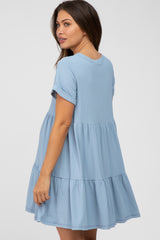 Light Blue Ribbed Maternity Tiered Dress
