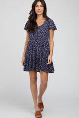 Navy Floral Button Front Tie Dress
