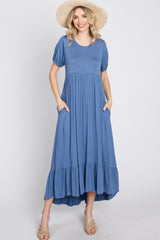 Blue Crochet Back Maternity Midi Dress
