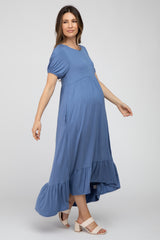 Blue Crochet Back Maternity Midi Dress