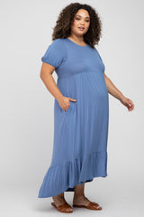 Blue Crochet Back Maternity Plus Midi Dress