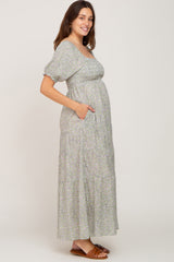Light Olive Floral Square Neckline Maternity Maxi Dress