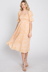 Peach Floral Square Neck Midi Dress