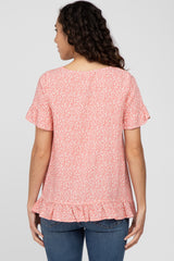 Coral Floral Square Neck Ruffle Hem Top
